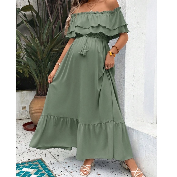 Maternity Off Shoulder ruffle Hem Stretchy Waist Maxi Dress - Picture 1 of 8